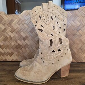Shela Boots Women's Size 39 Tan Suede Cowboy Western Style Boots Cutouts